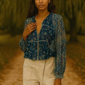 Anthropologie Blue Sheer Floral Babydoll Ruffle Blouse Size Large